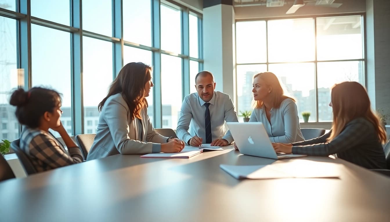 Marketing Consultant advising a team in a bright office, fostering collaboration and strategy.