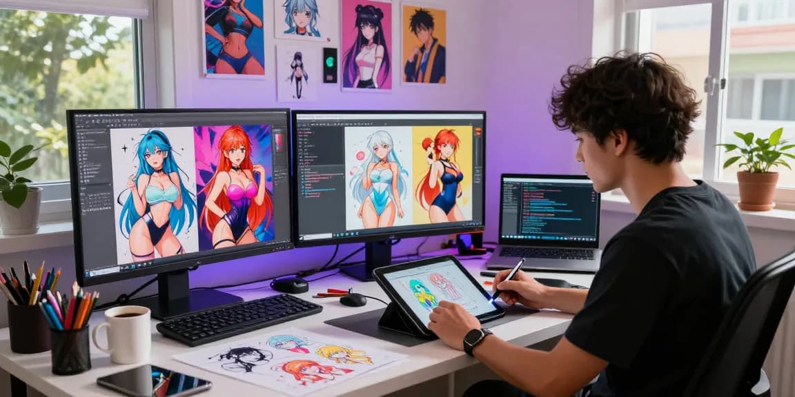 Artist creating AI hentai chat characters in a vibrant digital studio, utilizing tablet and creative sketches.
