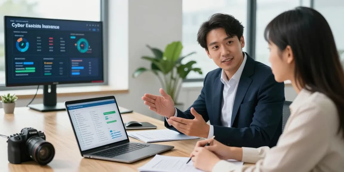 Engaging business discussion about cyber essentials insurance in a modern office setting.