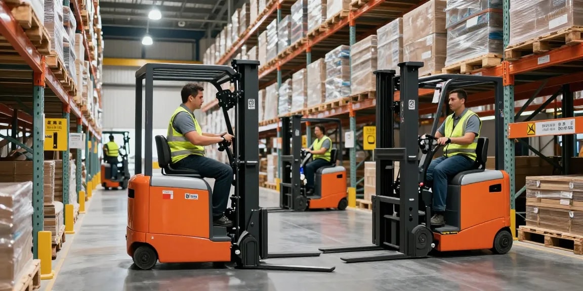 Operators using electric stackers for efficient warehouse operations, showcasing productivity and modern material handling.