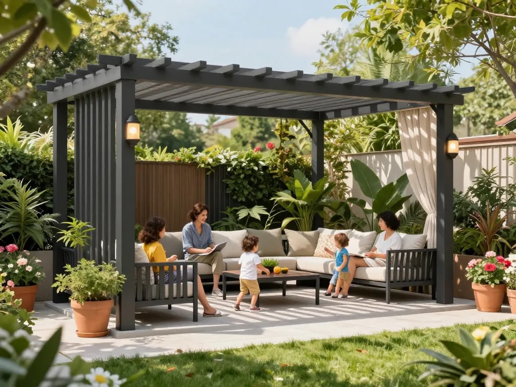 Configuratore pergole 3D che crea un bellissimo spazio esterno con una famiglia che si gode del tempo sotto un design di pergola moderna.