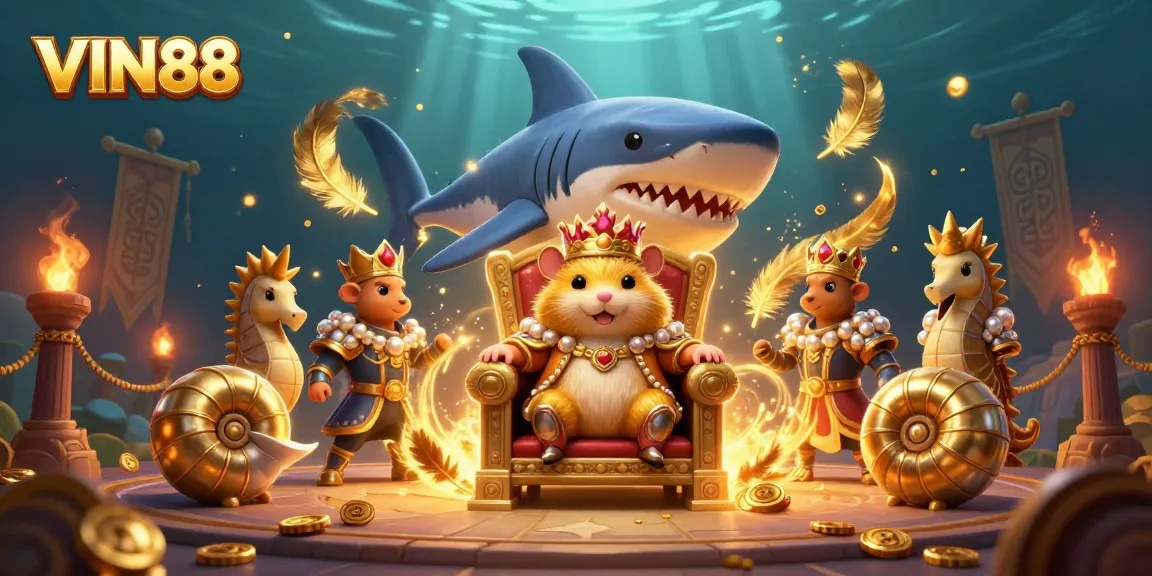 Experience thrilling gameplay at VIN88 with a golden hamster king and dynamic casino scene.