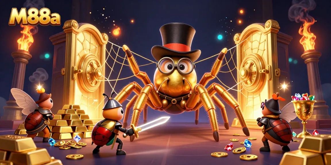 M88a-themed illustration featuring a giant tarantula and beetle knight amidst a treasure-filled casino scene.