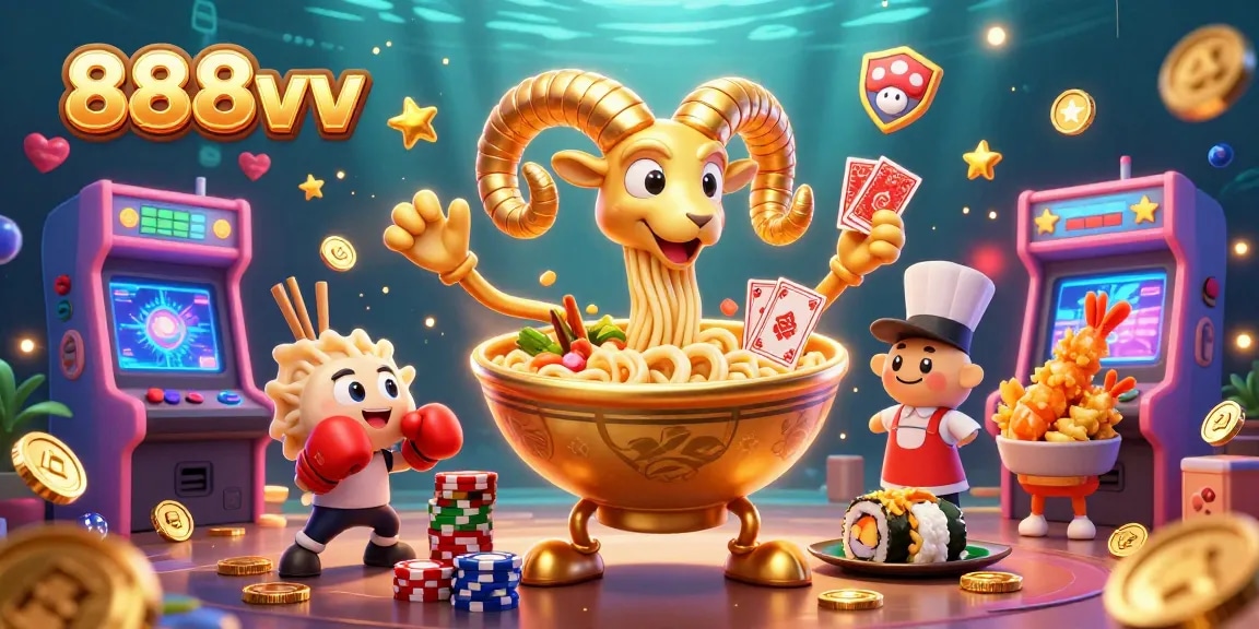 Engage in thrilling games at 888vv, surrounded by vibrant cartoon elements and casino excitement.
