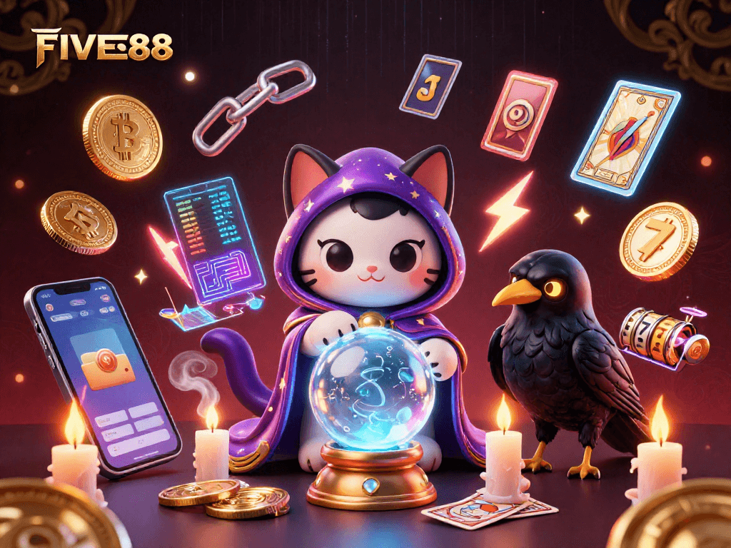 Engage with the vivid FIVE88 casino scene showcasing a mystic cat fortune teller amidst dynamic crypto elements and slot symbols.