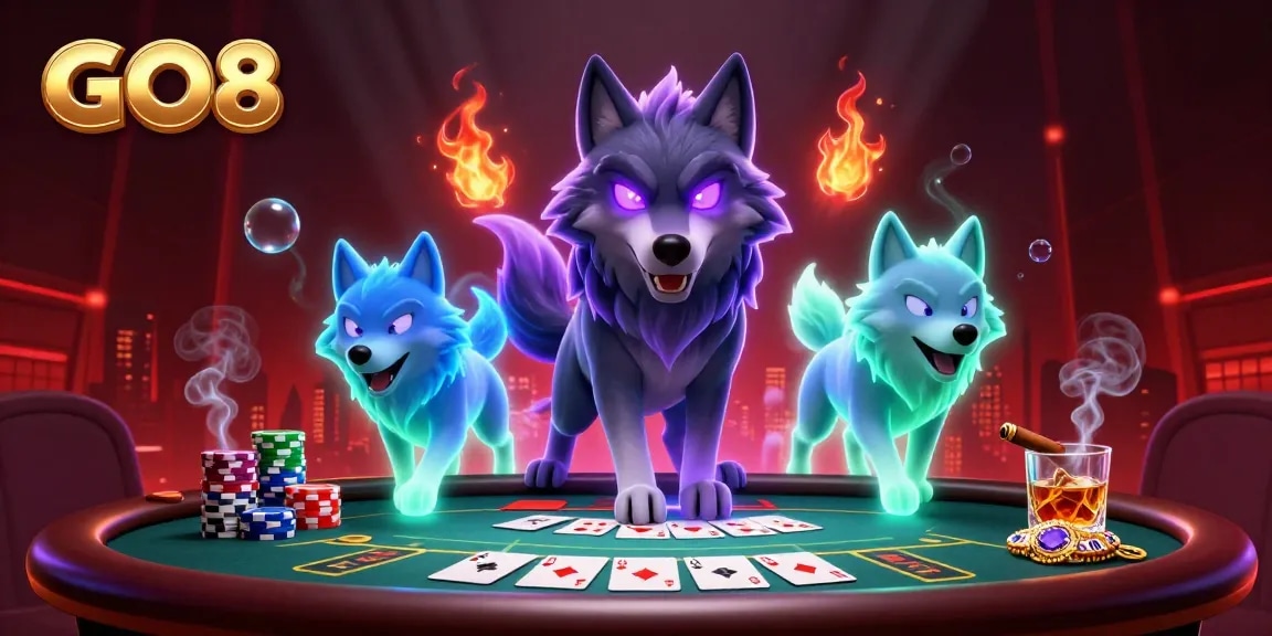Engage in thrilling GO8 casino adventures with ghostly wolves, poker chips, and vibrant gaming elements.