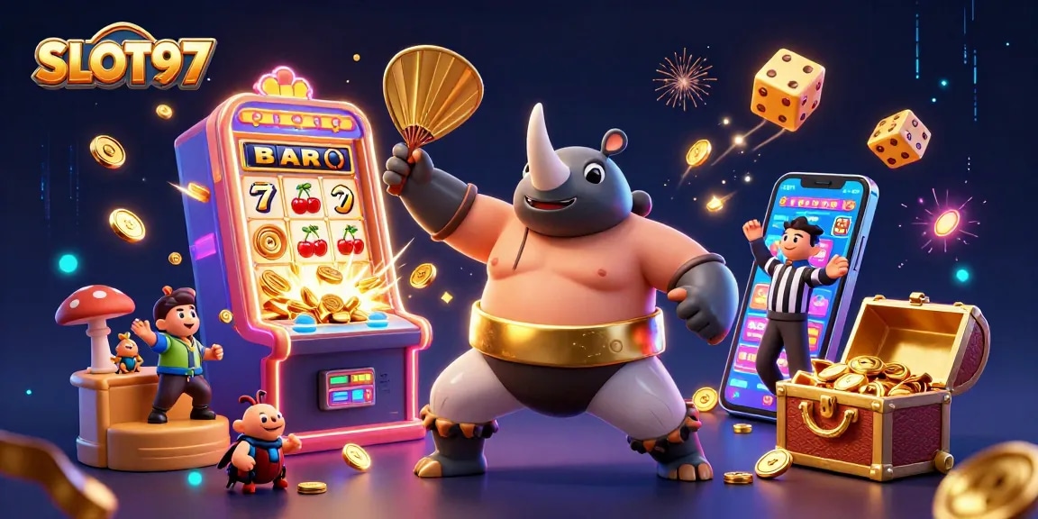SLOT97: Join the energetic scene of a rhino beetle champion amidst a jackpot explosion in a lively casino
