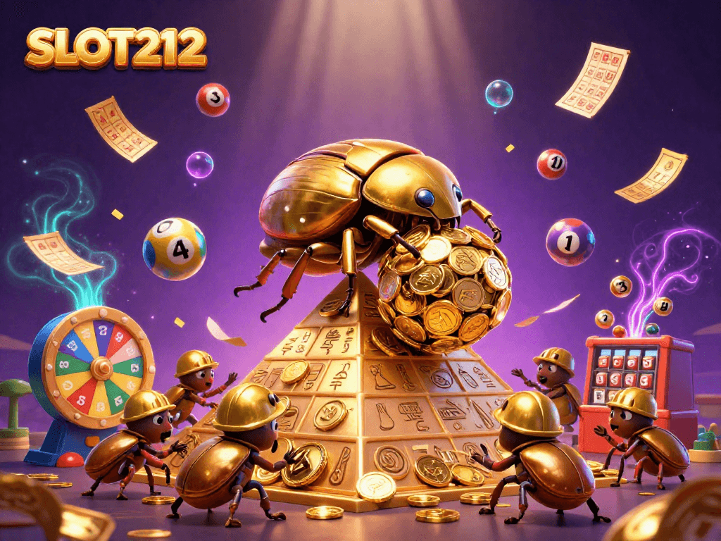 Engage with exciting SLOT212 ventures as golden coins cascade in a vibrant casino-themed illustration.