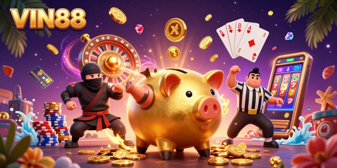 Watch VIN88's golden piggy bank sumo wrestler stomp and scatter coins for exciting gambling action.