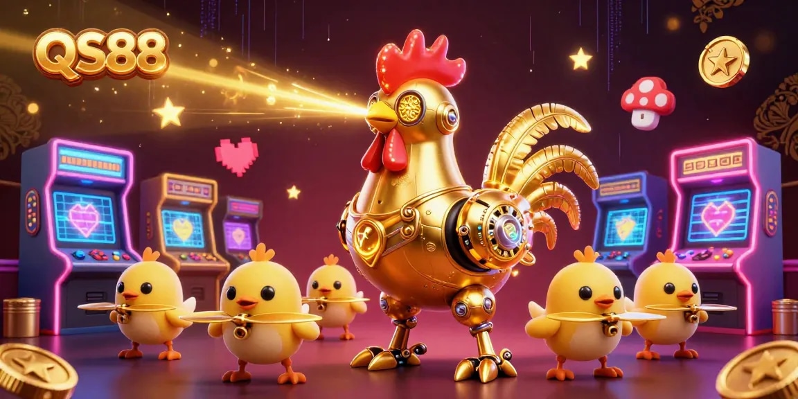 Engage in exhilarating cockfighting action at QS88, surrounded by dynamic gaming elements and vibrant visuals.