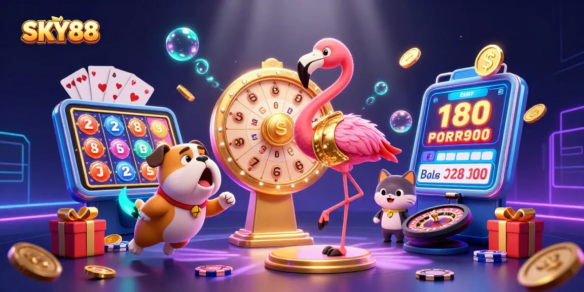 Experience thrilling gaming with SKY88's vibrant casino atmosphere featuring lively characters and exciting prize elements.