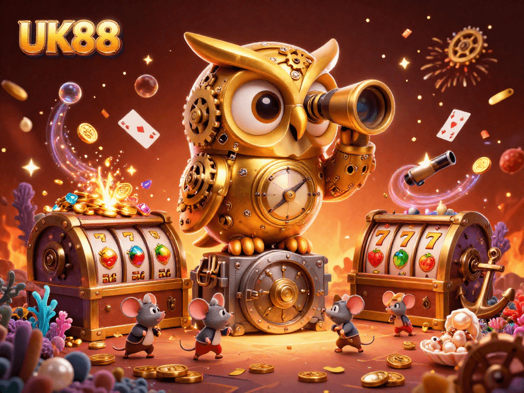 Experience thrilling gameplay at UK88 with a clockwork owl overseeing vibrant slot machines.