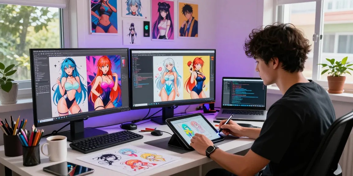 Artist creating AI hentai chat characters in a vibrant digital studio, utilizing tablet and creative sketches.