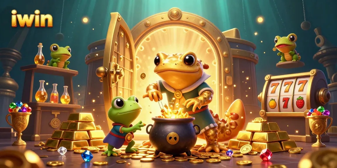 Engage with iwin's dynamic casino scene featuring a golden salamander alchemist and bubbling cauldron.