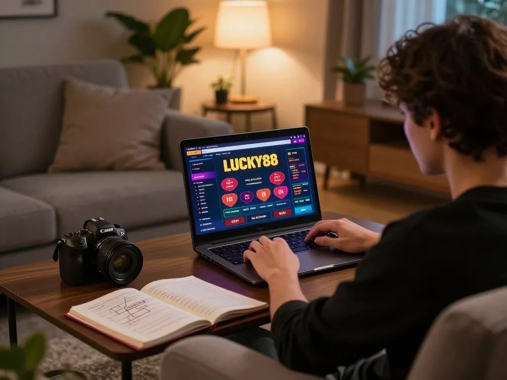 LUCKY88 online gaming atmosphere with a player engaged and strategic notes for responsible gambling.