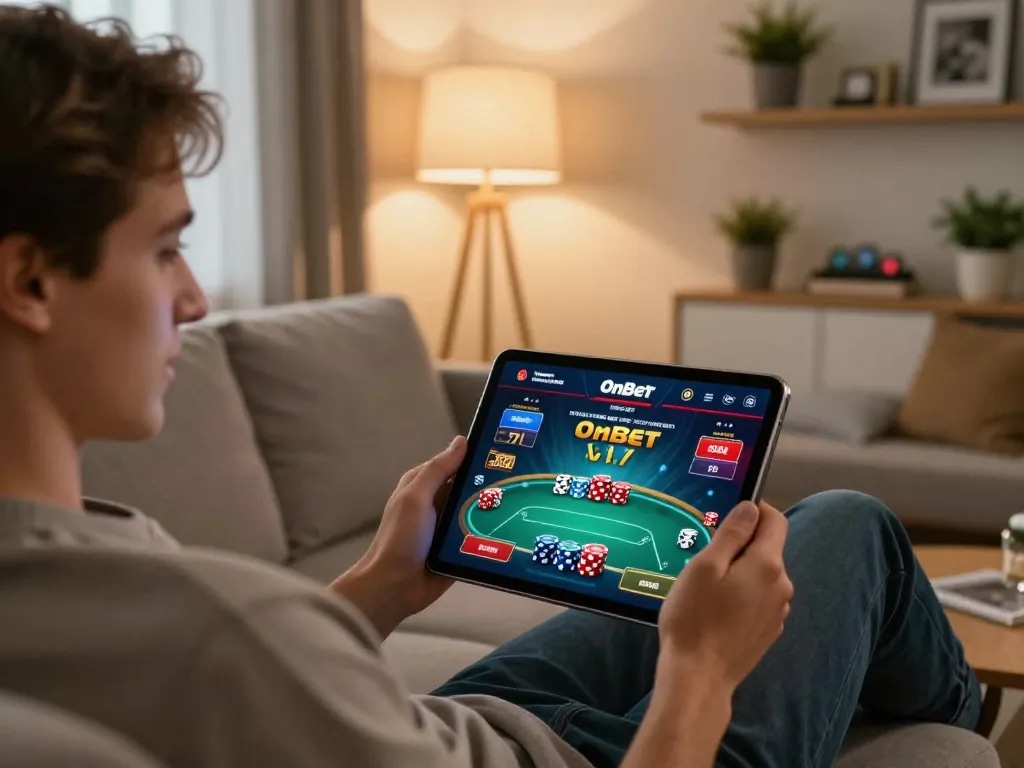 Player enjoying poker on OnBet tablet at home, showing strategic gameplay in a cozy setting.