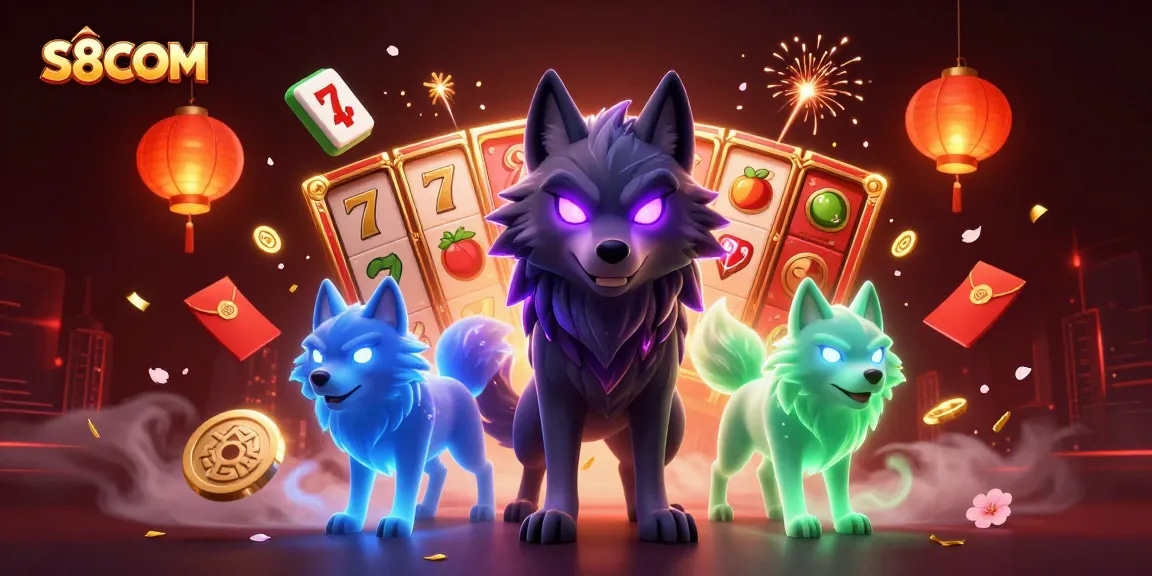 S8COM showcases a dynamic casino scene with vibrant slot elements and mystical wolf characters for ultimate gaming excitement.
