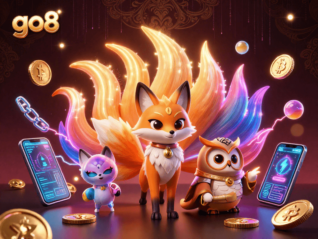Engage in thrilling play at go8 with a vibrant 3D illustration of animated spirits and dynamic crypto elements.