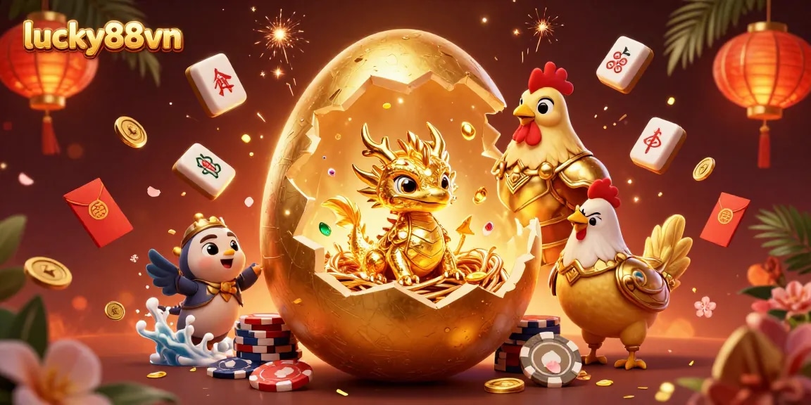 Experience thrilling wins at lucky88vn with a golden dragon on poker chips surrounded by festive casino elements.
