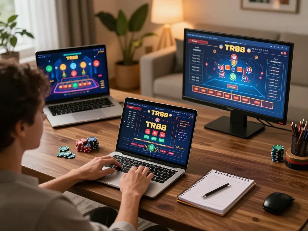 Player engaging with TR88 online casino on laptop, surrounded by poker chips and strategy notes