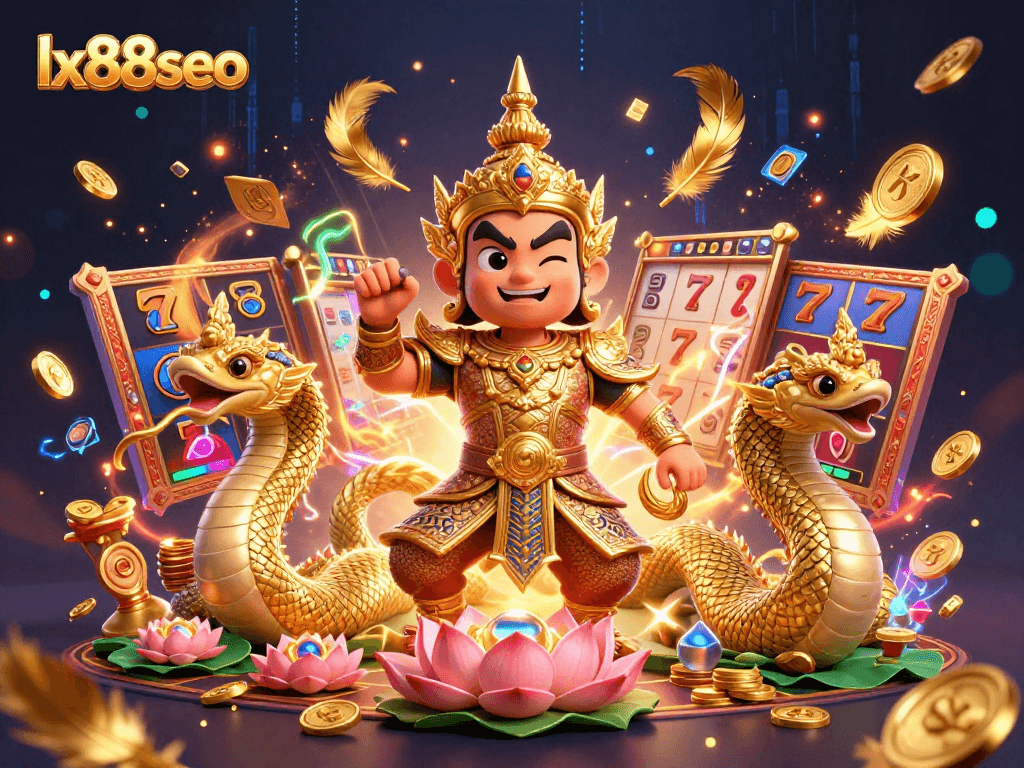 Engage with the thrilling atmosphere of lx88seo's illustrated casino adventure featuring vibrant Thai guardian characters and dynamic gaming elements.