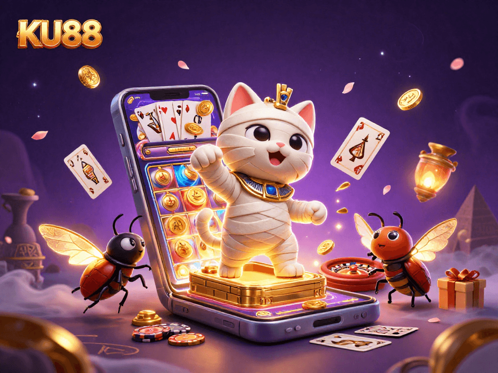 Join KU88's thrilling casino adventure with a mummy cat and scarab beetle in a vibrant pyramid!