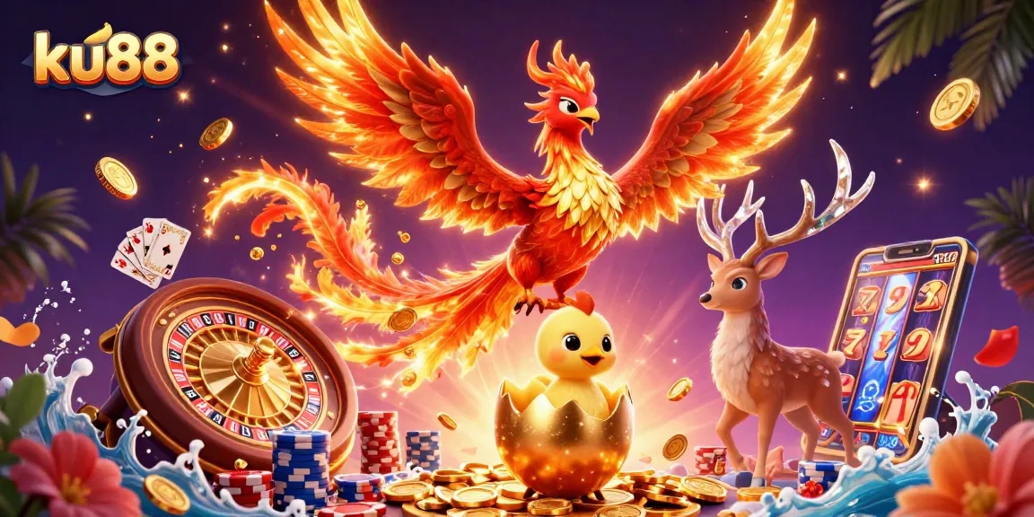 Experience dynamic gaming with ku88 in this vibrant illustration of a casino adventure.