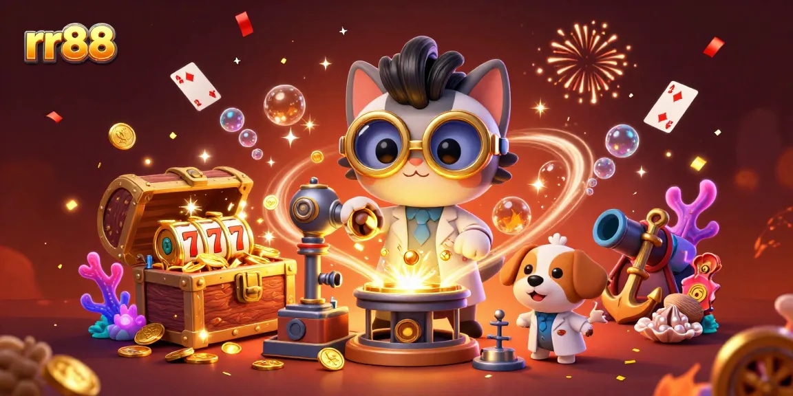 Experience exciting gameplay with rr88, featuring a lively 3D casino scene with mad scientist cat and dog.