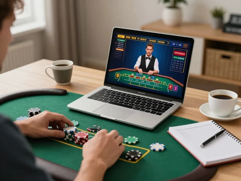 Player enjoying a live blackjack game on 23Win, showcasing strategic betting in a cozy atmosphere.
