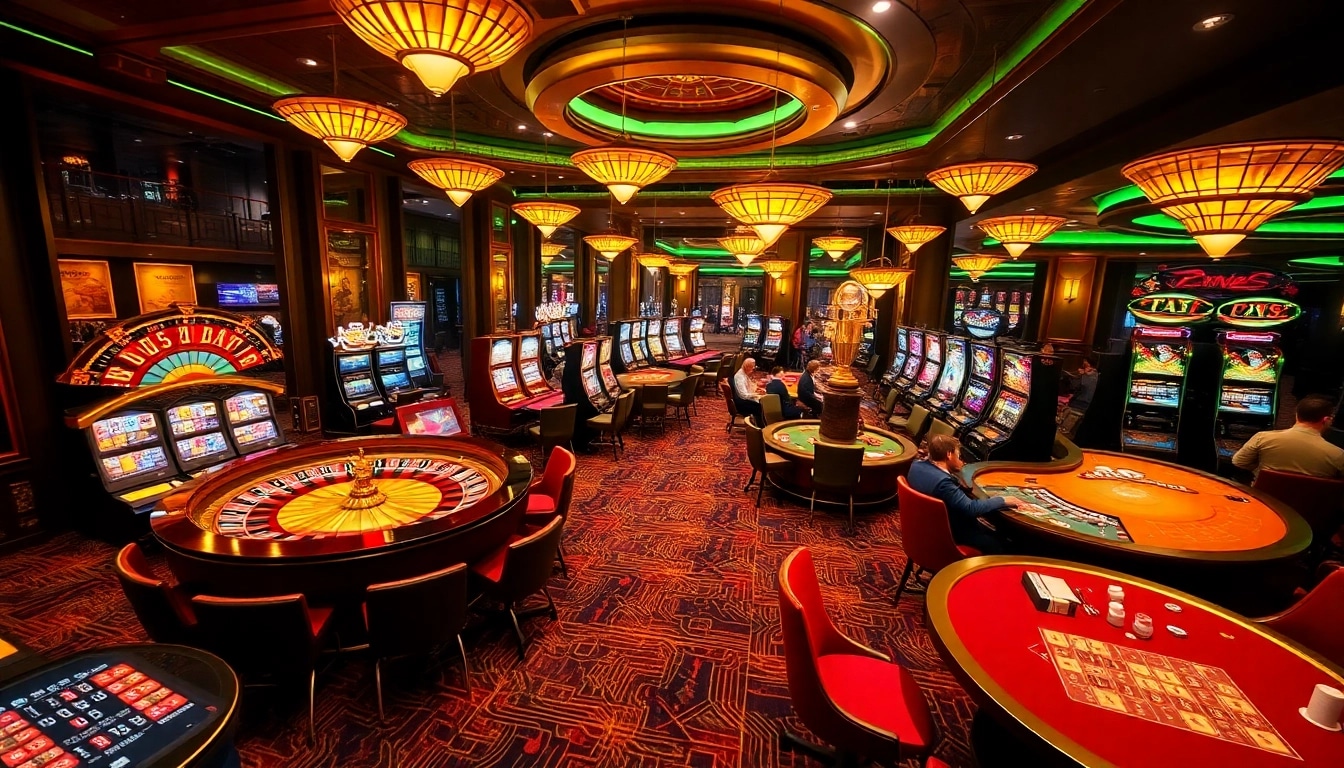 Experience thrilling gameplay at five88 in a luxurious casino setting with roulette and blackjack tables.