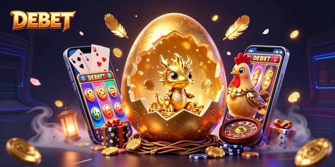 Experience thrilling DEBET gaming with a golden dragon and dynamic casino elements.