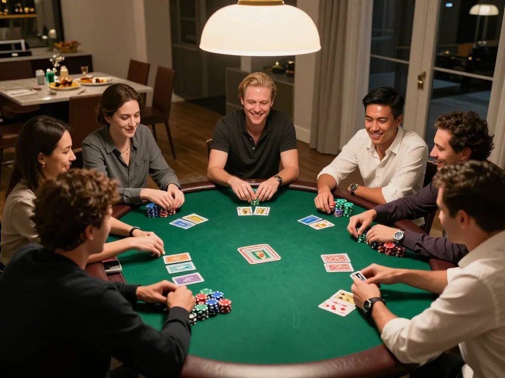 Players enjoying a spirited poker game at home, showcasing sky88 community interactions, vibrant atmosphere