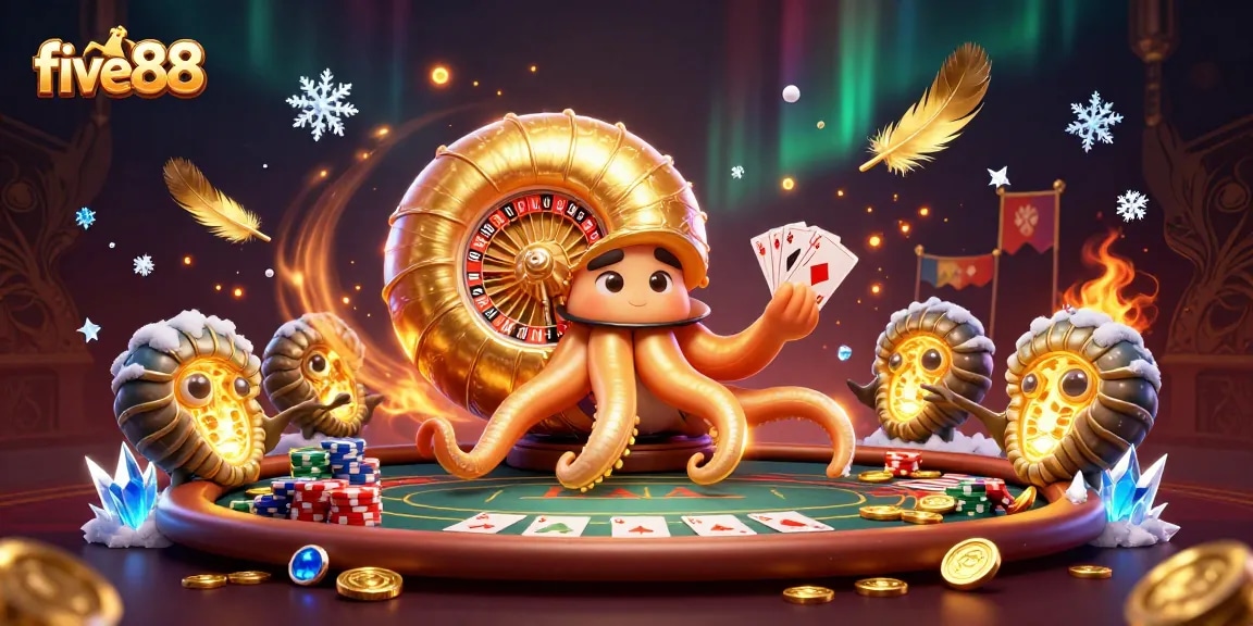 Experience thrilling poker action with five88's vibrant 3D casino illustration featuring a dynamic nautilus dealer.