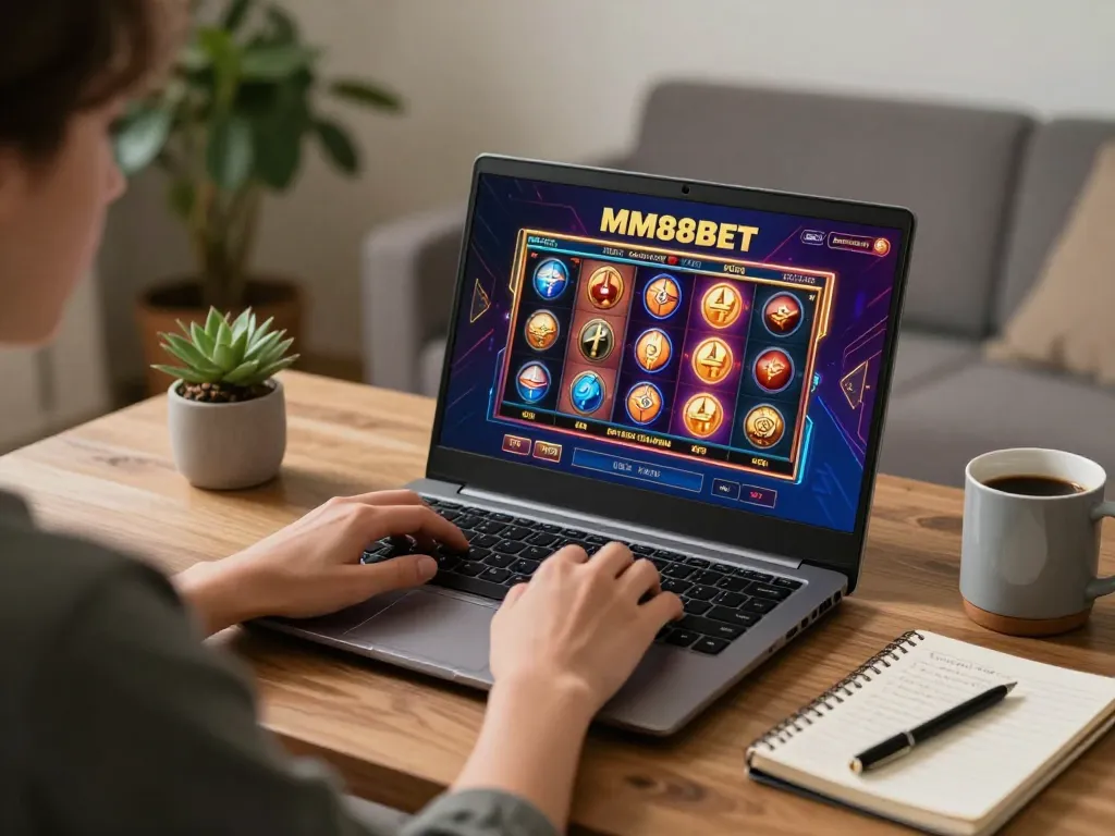 Player engaging with MM88BET online casino on laptop in cozy home setting with strategy notes.
