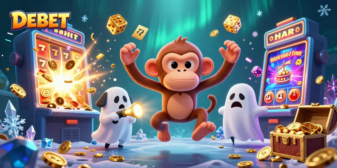 Experience the thrilling DEBET gaming adventure as the mischievous monkey juggles golden treasures in a vibrant casino scene.