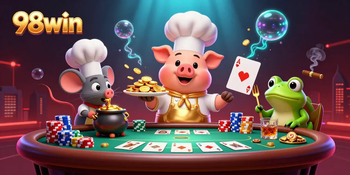 Engage with 98win's thrilling gambling scene featuring chefs and poker elements.