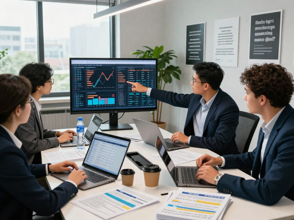 Team analyzing document fraud detection strategies in a modern office setting, showcasing data visualization and collaborative efforts.