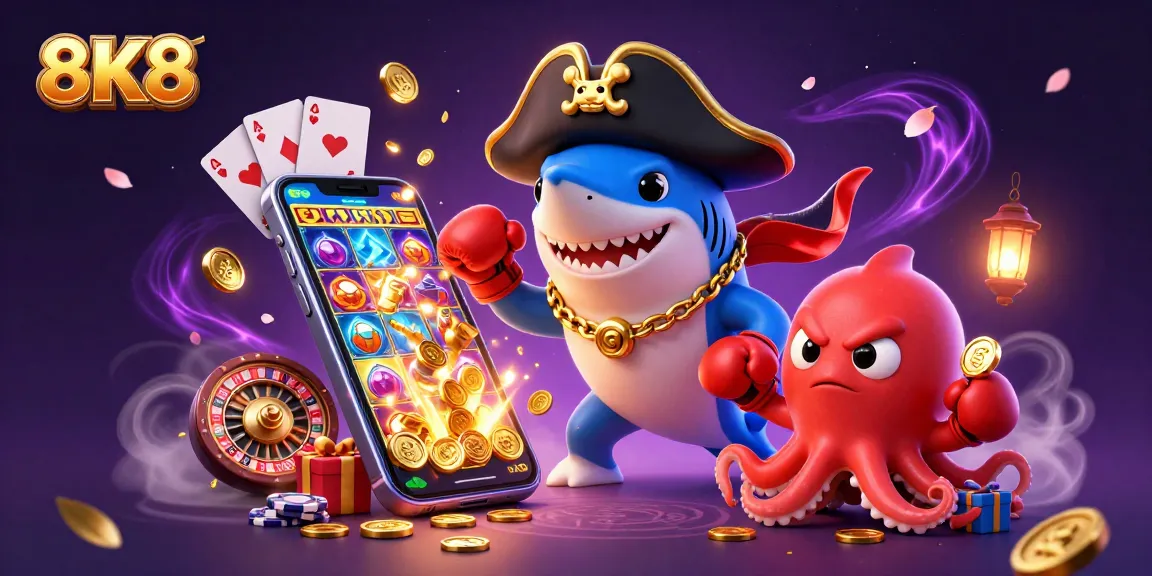 8K8 Casino unleashes thrilling slot gaming magic with a pirate shark and friends.