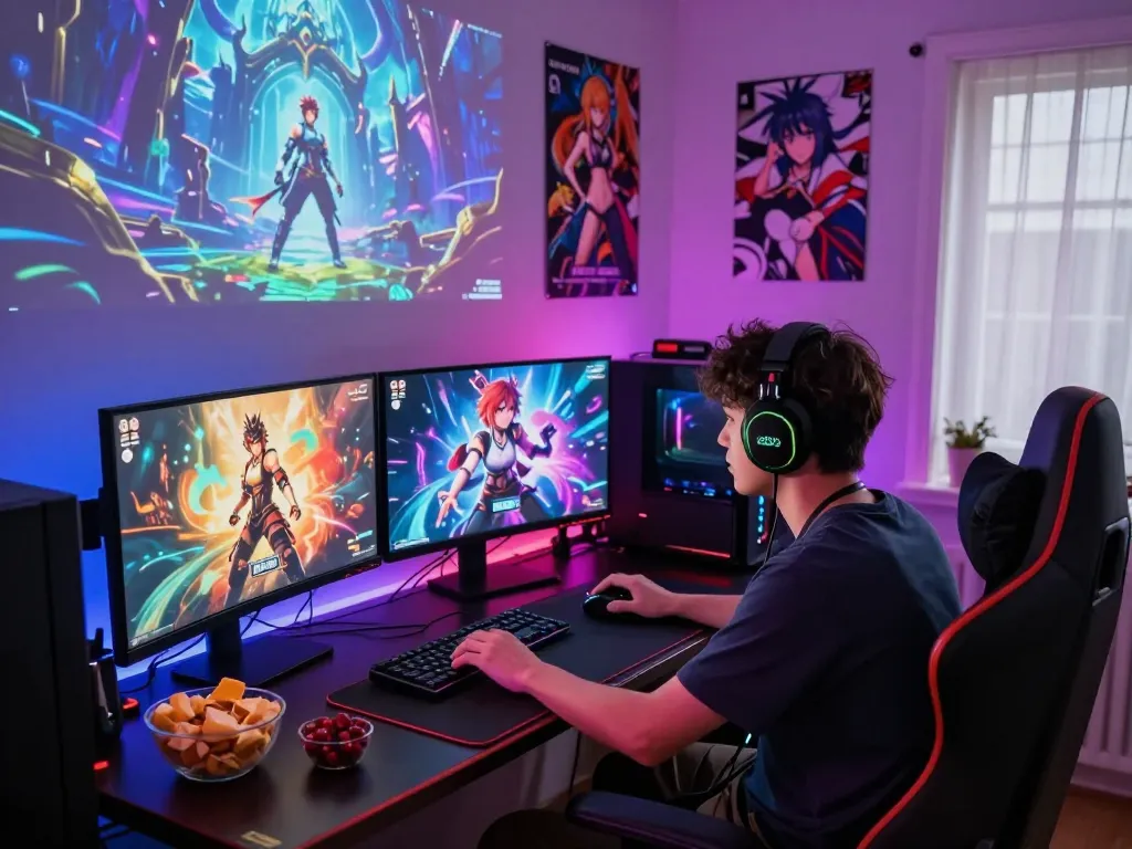 Engaged player enjoying hentai games on a colorful gaming setup with immersive lighting.