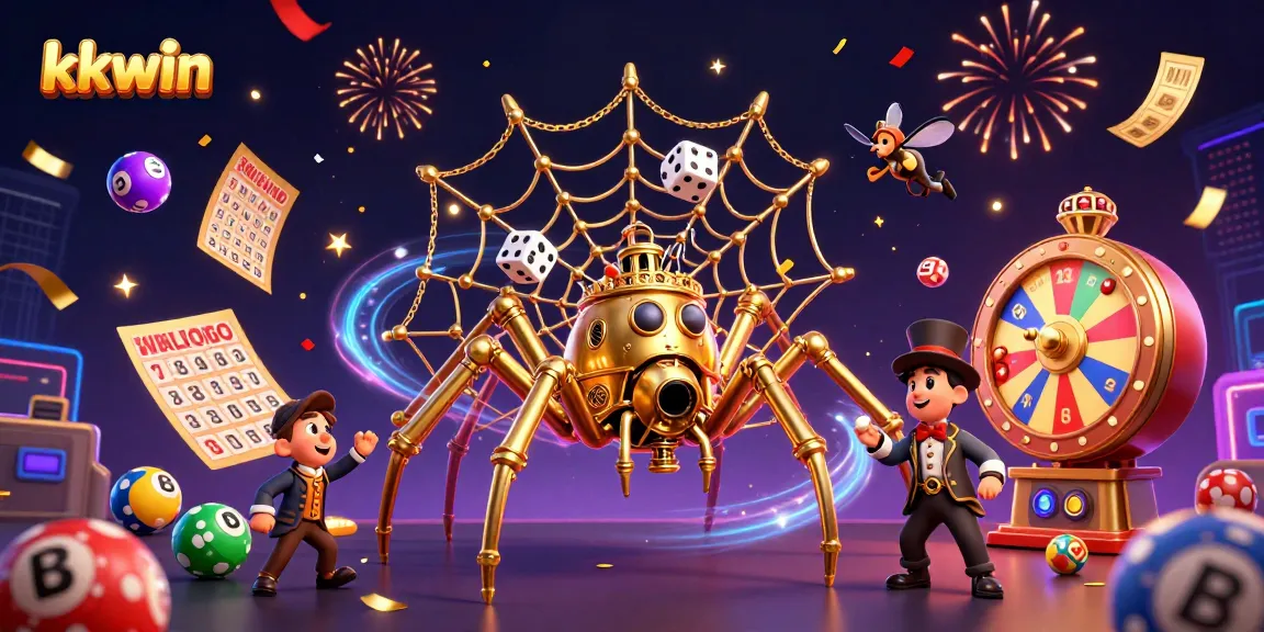 Capture the excitement of kkwin's gaming world as a golden spider weaves a dynamic jackpot network amidst colorful lottery elements.