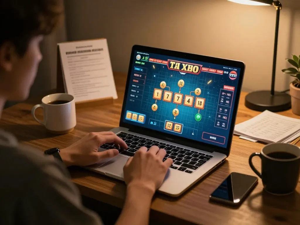 Engaged player enjoying tai xiu online game on a laptop, peaceful home environment.