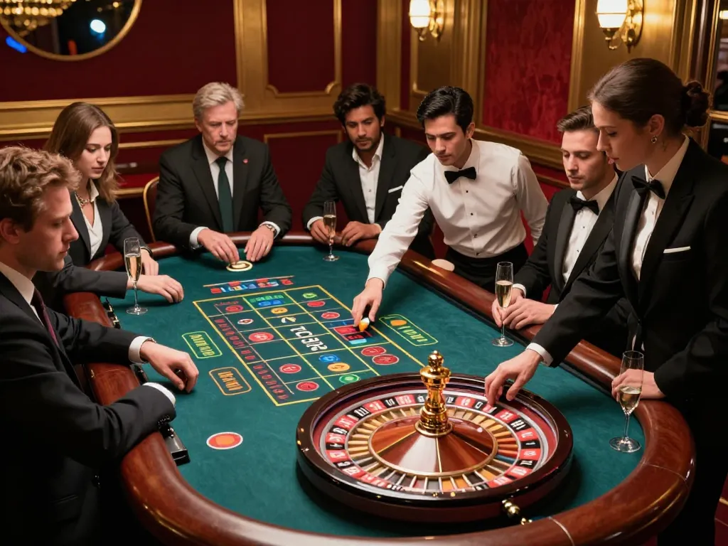 rokok 88 players enjoying roulette action at an upscale casino table with dynamic atmosphere