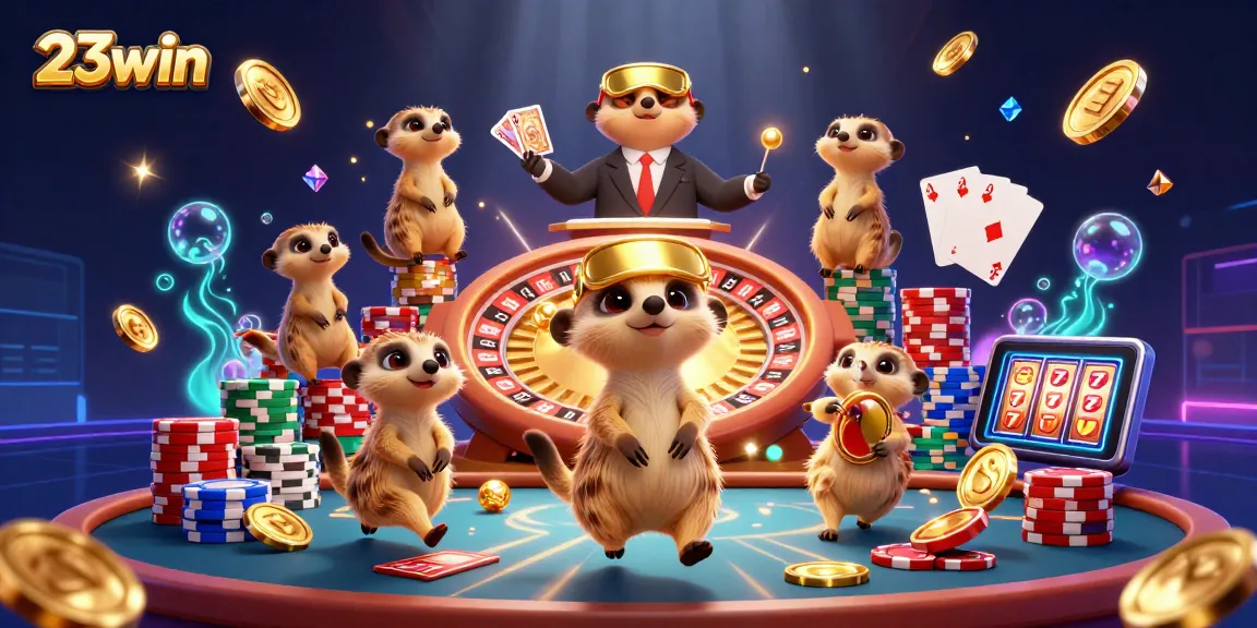 A dynamic scene featuring 23win meerkats managing a casino with golden coins and a roulette wheel