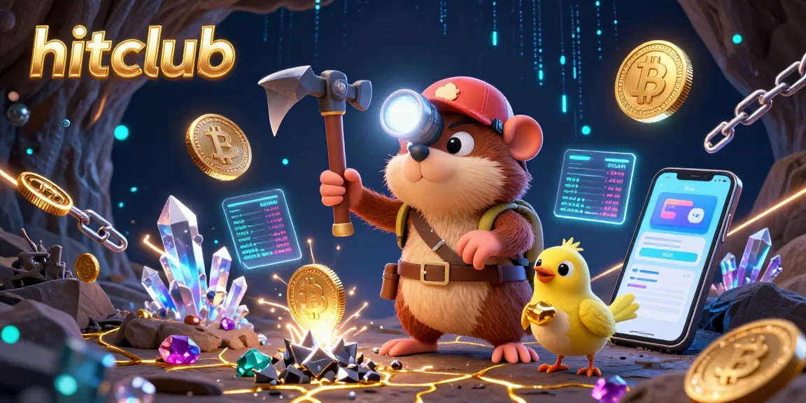 Hitclub showcases a vibrant 3D treasure hunting scene with treasure hunter mole and crypto elements.