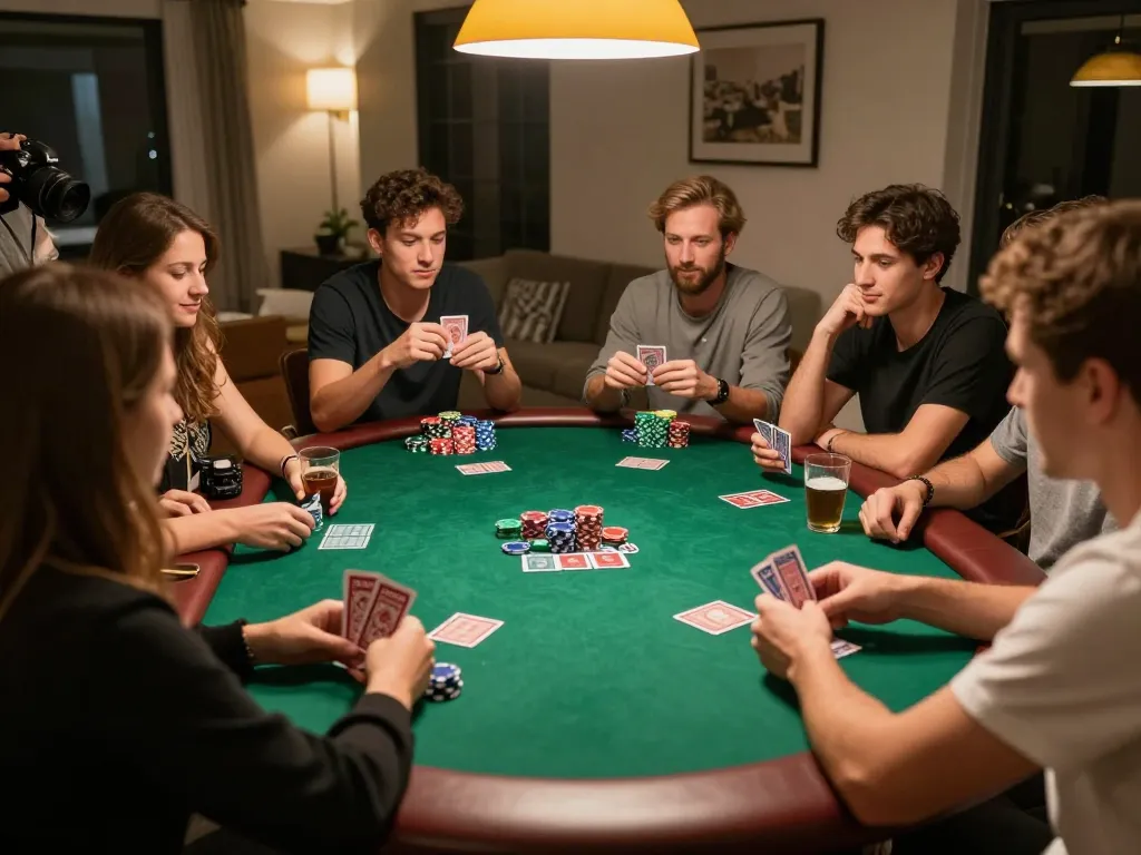 Friends enjoy strategic poker gameplay at F168 in stylish home setting with warm ambiance and drinks
