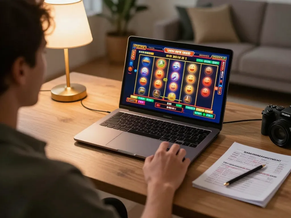Player enjoying online gaming on 58win com, focusing on strategic slot gameplay in a cozy home.