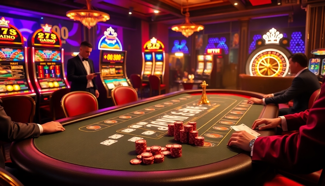 Exciting high-stakes poker game at 789f casino with luxurious ambiance and vibrant slot machines.