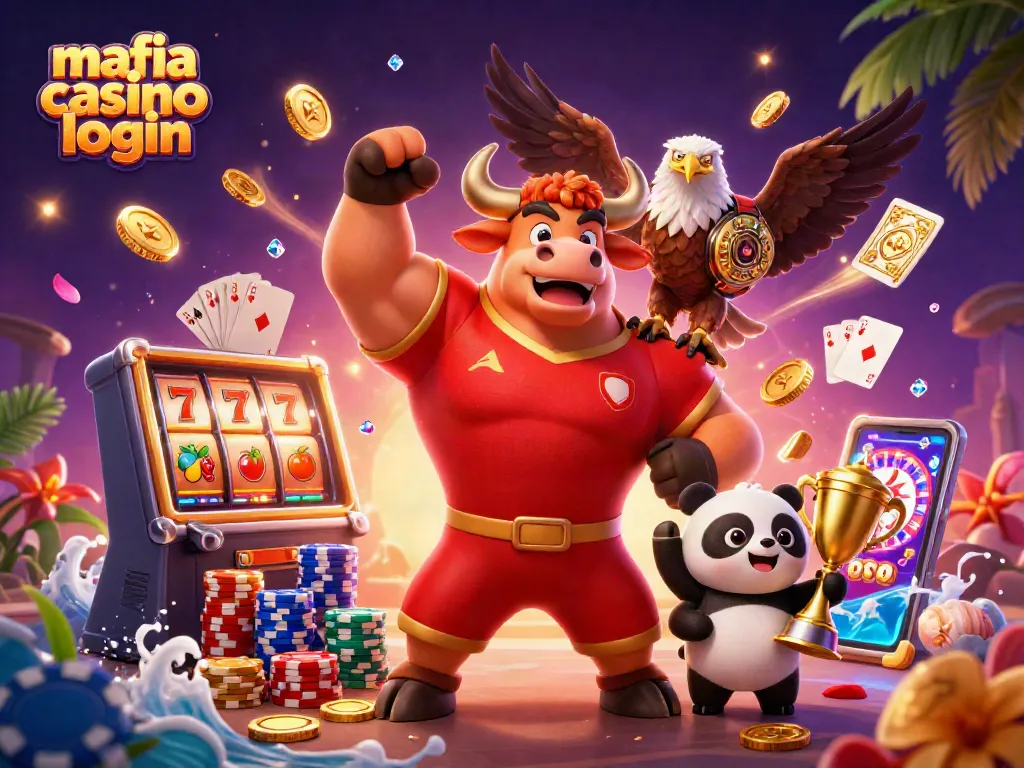 Join the thrill of winning at mafia casino login with a vibrant 3D illustration showcasing a bull mascot, eagle, and cheerful panda.
