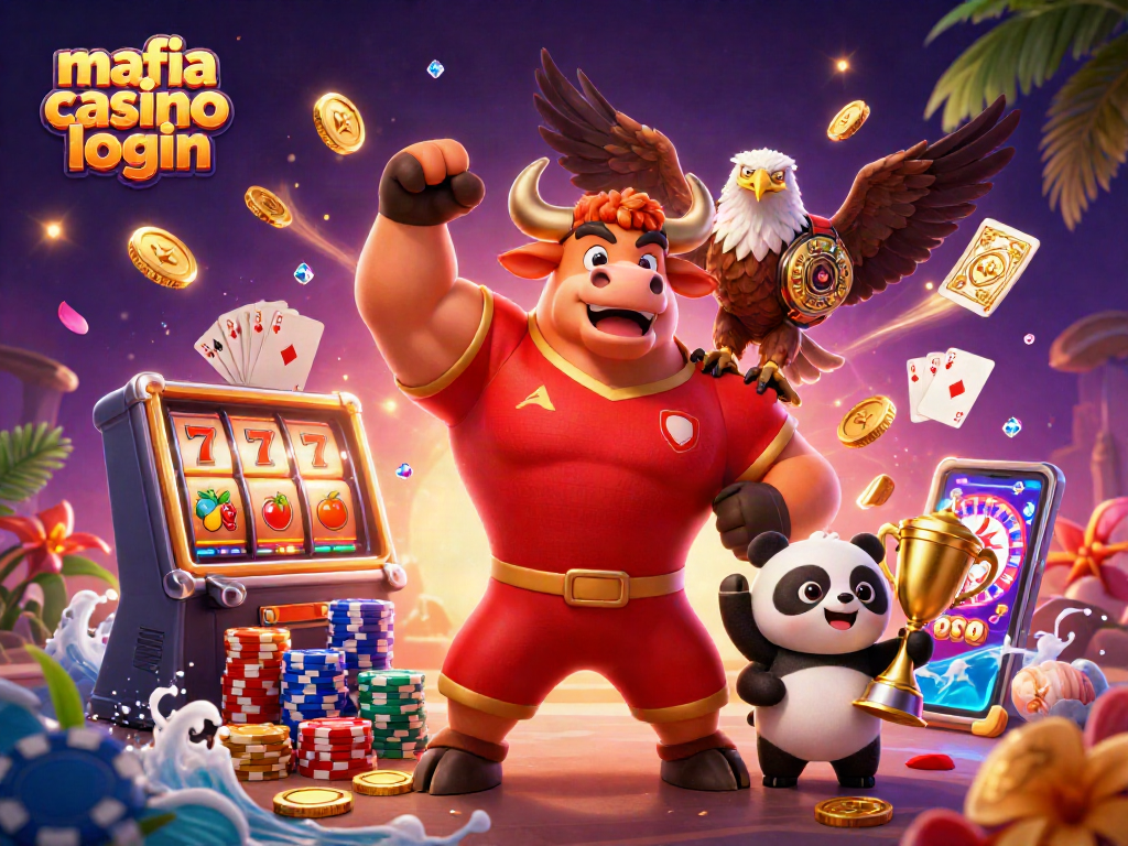 Join the thrill of winning at mafia casino login with a vibrant 3D illustration showcasing a bull mascot, eagle, and cheerful panda.
