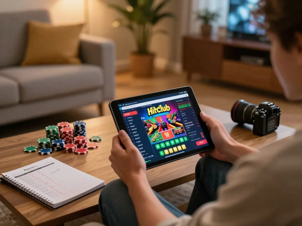 Engaging online gambling scene at https://hitclub.im/ showcasing a player using a tablet for strategy